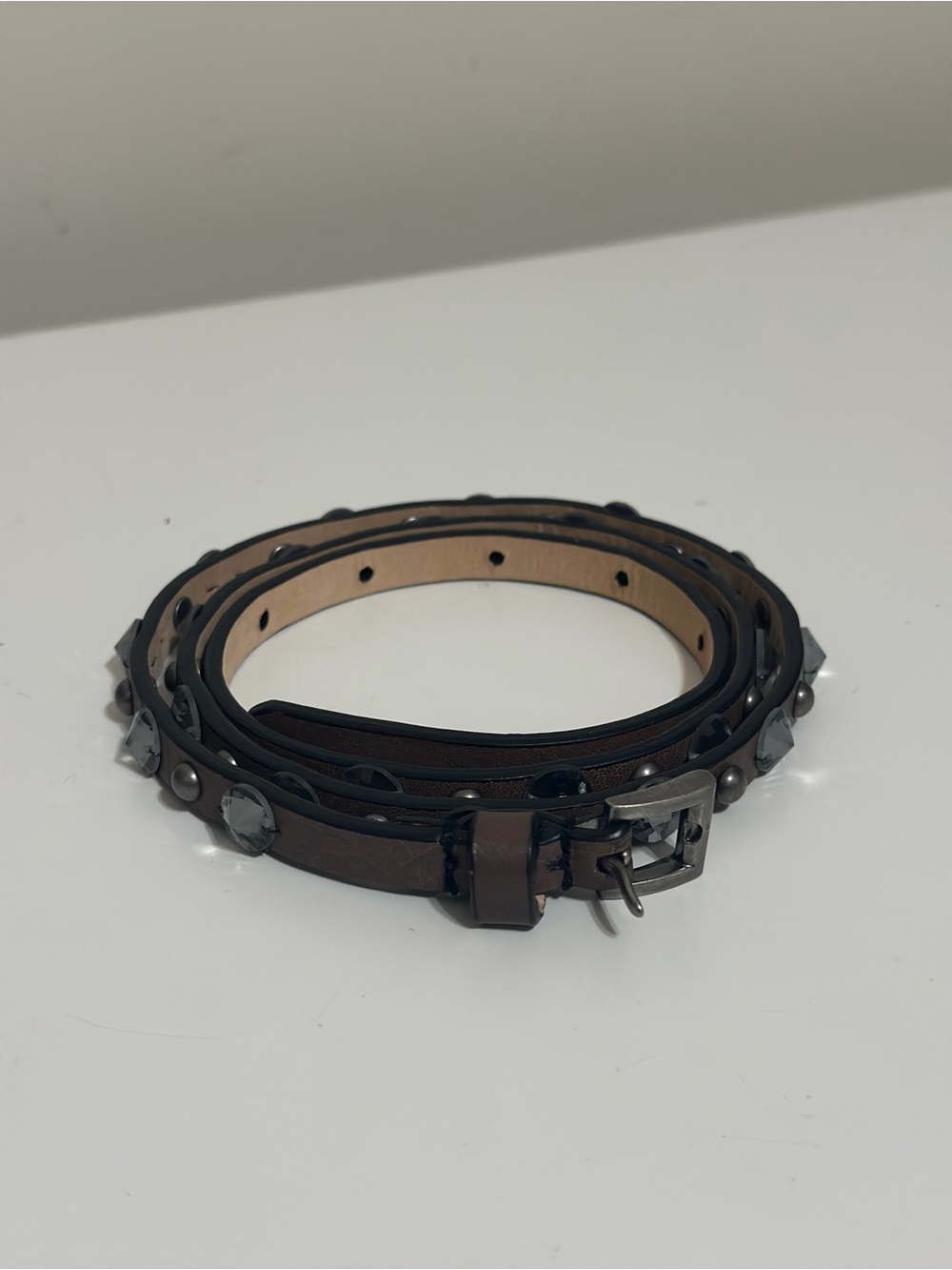 J.Crew Skinny Brown Leather Crystal Studded Belt Women’s Small Boho Y2K 35” - Picture 2 of 10